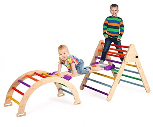 BommJokker Pikler Triangle Indoor Climbing Frame for Toddlers 3 in 1 Montessori Wooden Toddler Climbing Frame Set Toddlers Rock with Ramp and Arch Climbing Triangle(Multicolor, Large)