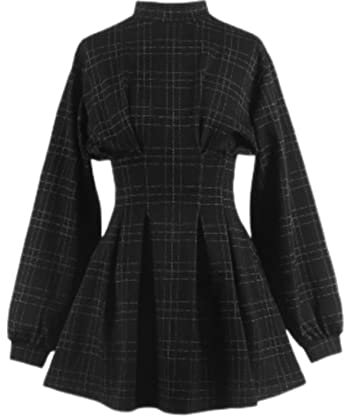 WEITING Gothic Kleid Gothic Harajuku Vintage Plaid Wrap Balck Minikleid Retro Plissee Punk Langarm Dunkel Ästhetisch Kpop-Grau Gitter, M