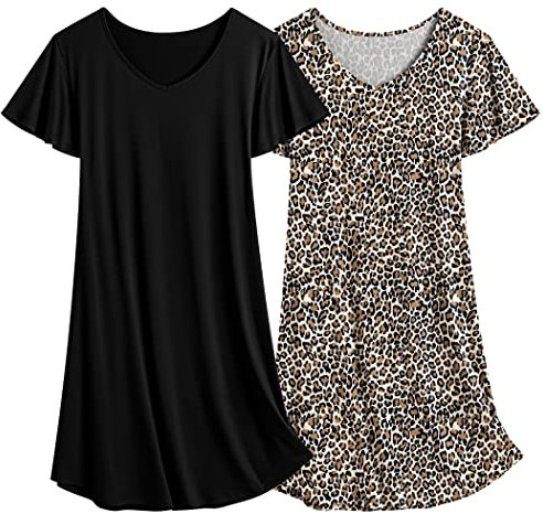 Ekouaer 2 Pack Nightgowns for Women Flare Short Sleeve Sleepshirt V Neck Sleepwear Plain/Floral Print Pajama Dress M