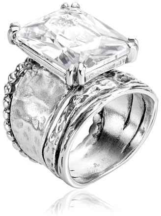JEAN RACHEL JEWELRY Statement-Ring aus 925er-Sterlingsilber mit weißem, achteckigem Zirkonia, Vintage-Antik-Look, hypoallergen, frei von Nickel und Blei, handgefertigte Designer-Kollektion