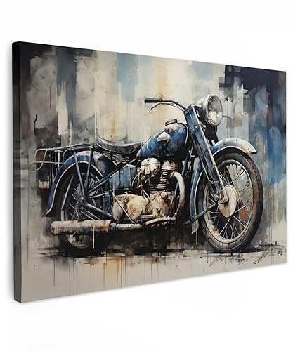 MuchoWow© Leinwand Bilder Groß 120x80 cm XXL Wanddeko Wohnzimmer Aesthetic Room Decor Deko Zimmer Wandbilder Modern Leinwandbilder Motorrad - Fahrrad - Pastell - Blau - Weiß