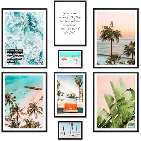ARTFAVES® Poster Set - SUMMER VIBES - mehrteilige Wanddeko Wohnzimmer & Schlafzimmer - 8 moderne Wandbilder Sommer, Strand, Meer, Palmen, Surf, Beach, Ocean - mit Rahmen Schwarz