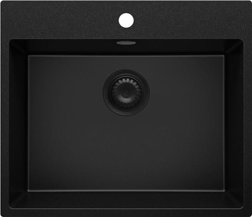 PRIMAGRAN Lavello da Cucina Tutto Nero 58x50cm, Lavandino da Cucina a 1 vasca + Sifone Classico, Lavabo da Cucina Incasso al mobile 60cm - Riga