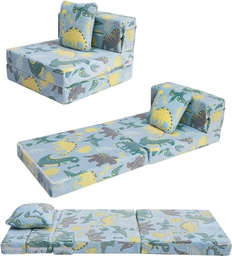 MeMoreCool Kinder-Sofabett, Kleinkind-Bodenmatratze, leuchtet im Dunkeln, modulares blaues Dinosaurier-Couch, zusammenklappbares Kindersofa, umwandelbare Futon-Klappmatratze, Stuhlbett für Spielzimmer