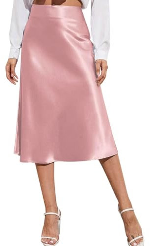 shownicer Gonna Elegante Midi in Raso delle Donne Causal Elastic Vita Alta A Rosa M