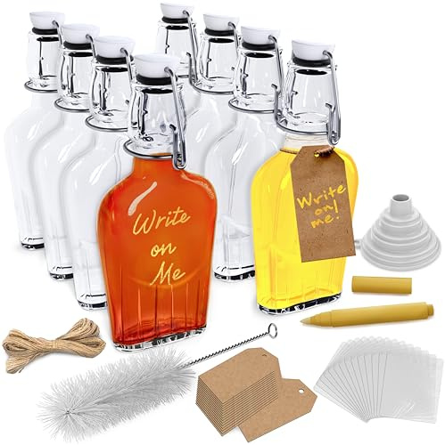 Nevlers Paquete de 8 frascos de vidrio de 8.5 onzas para licor, botellas de vidrio herméticas con tapa abatible, botella de vidrio abatible como mini botellas de whisky, mini botellas de licor,