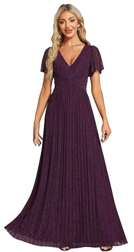 Ever-Pretty Vestito Donna Elegante Cerimonia Lungo Brillante Pieghe Maniche a Volant Stile Impero Abito da Sera Donna Viola Begonia 46