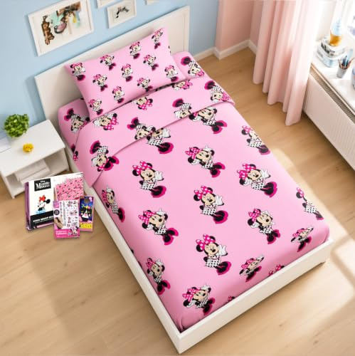 Minnie Mouse Bettwäsche-Set für Doppelbetten für Kleinkinder – Set enthält Minnie Mouse Bettlaken mit Bettlaken, Spannbetttuch und Kissenbezug für Doppelbett plus Tattoos, mehr | Minnie Mouse