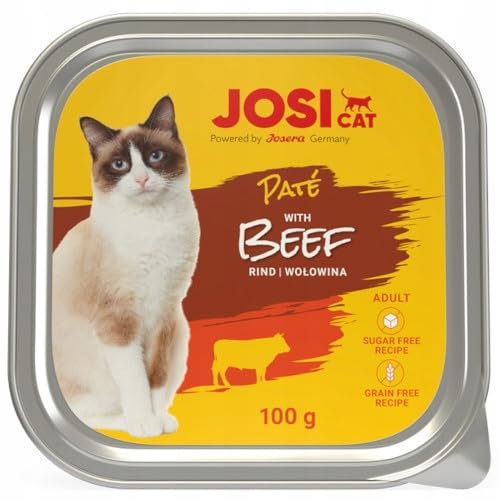 JosiCat Paté with Beef (16 x 100 g) | Saftiges Katzenfutter mit Rind & Vitamin E & D3 | getreidefrei | Premium Nassfutter für ausgewachsene Katzen | Alleinfutter | Powered by JOSERA | 16er Pack