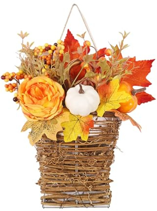 MISNODE Artificial Peony Pumpkin Door Hanging Basket Wreath, Door Hanger Basket Wreath, Fall Hanging Peony Pumpkin Wall Hanging Basket Wreath, Fall Wildflower Door Hanging Basket Wreath Peony Basket