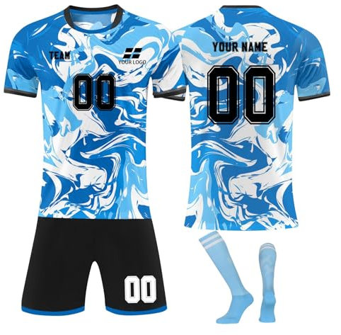 Personnalisé Maillot de Foot,Concevez Votre Propre nom de Maillot de Pied,numéros,Logo,25/26 Saison Nouveau Maillot de Football vêterments pourgarçons Adultes Costume (Style 1 Bleu)