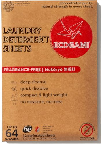 Ecogami Laundry Detergent Sheets – 32 Sheets (Up to 64 Loads), Available in Fragrance-Free or Scented, Plastic-Free, Biodegradable, Dissolvable for Sensitive Skin (Fragrance-Free)