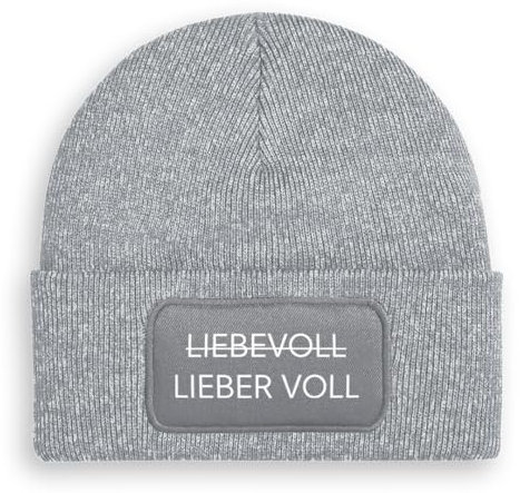 Prozente Momente Lieber voll/Liebevoll - Beanie | Strickmütze | Wollmütze | Beanie mit Druck | lustige Sprüche | Apres-Ski | Winter | Grau meliert