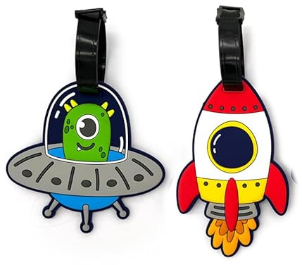 Set mit 2 Etiketten für Flugzeugkoffer aus PVC – Weltraum, Ufo Alien und Rakete, Namensschild für Tasche und Gepäck für Kinder, Puckator
