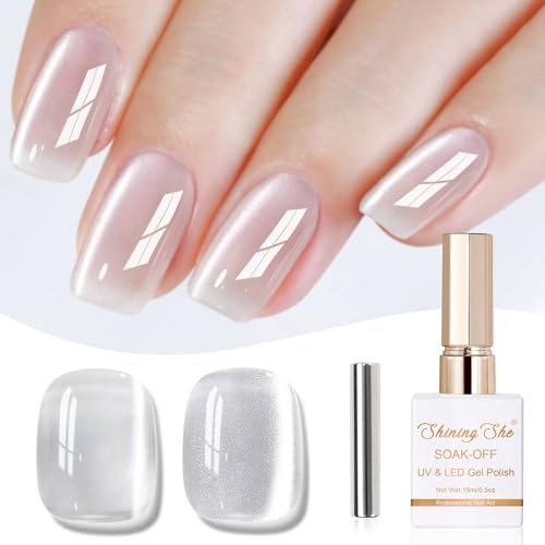 Shining She Esmalte Ojo de Gato Semipermanente de Uñas en Gel UV LED,15ml Clásico Cristal Jelly Plata Blanco Cat Eye Gel Polish,Pintauñas Semipermanentes para Principiante Uñas Art Salón,1PCS