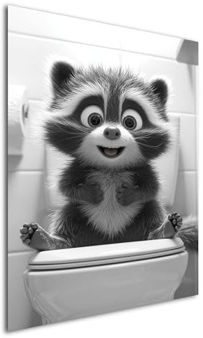 DRO Design Waschbär – 40x60 cm – Lustiges Schwarz-Weiß Wandbild für WC & Badezimmer – Humorvolle Baby-Tier Kunst für Gäste-WC - Moderne Wandkunst mit Humor, Wanddeko für Toilette