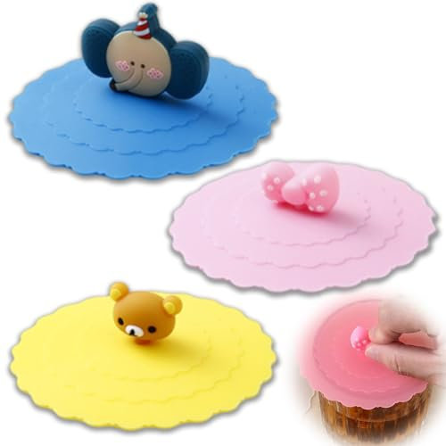 3 PCS Silicone Cup Covers, Silicone Stretch Lids, Cute Animal Shape Creative Leak-Proof Cup Lid, for Drinks, Reusable Anti-dust Mug Cover for Coffee, Tea, Wine, Beer Mug