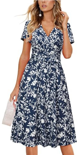 Newshows Summer Dresses for Women UK Short Sleeve V Neck Faux Wrap Casual Beach Midi Sundress with Pockets(Navy White Floral,M)