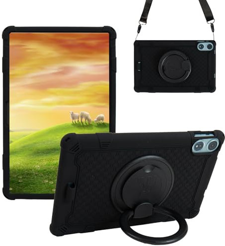 Sfulatdc Étui en silicone avec béquille rotative à 360° et bandoulière amovible pour tablette Teclast T60 Plus 12 Noir