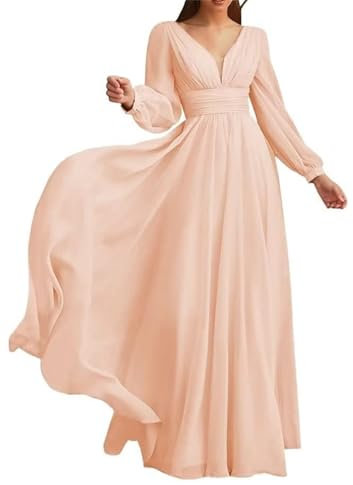 KURFACE Robes de demoiselle d'honneur à manches longues pour les femmes plissées une ligne en V décolleté en V robe de soirée formelle, Rose poudré, 50/grande taille