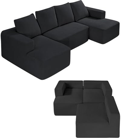 VEVOR Modular Sectional Sofa, U Shaped Modular Sofa with Chaise, Cloud Sectional Couch with High Rebound Sponge and Density, Upholstered Corduroy Couch with Cushion for Living Room, Bedroom, Black