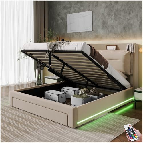 Seyakany Lit Coffre 180x200 avec Lumineux LED et tiroirs,Deux dossiers rembourrés,système hydraulique,lit avec Rangement,Cadre de lit 180x200 avec sommier à Lattes,Velours,Beige