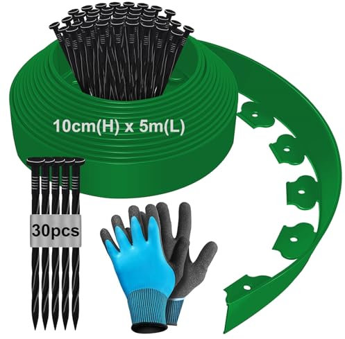 Bordura per Aiuola, Bordura per Giardino 5m x 10cm, Bordature da Giardino, Bordure per Aiuole, Bordo per Aiuole, Bordatura Aiuole Giardino, Bordo Giardino Flessibile con Guanti e 30 Unghie - Verde