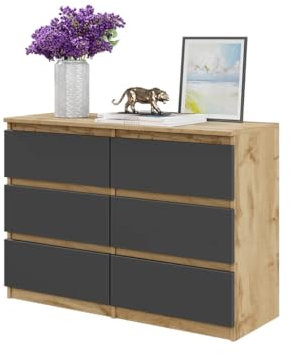 Furnica Kommode 100cm Sideboard mit 6 Schubladen - 100x71x33cm (Wotan Eiche/Anthrazit Grau)