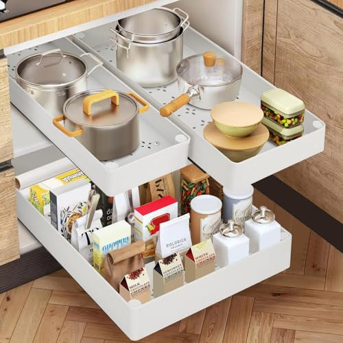 Cozary Teleskopschublade Organizer mit Dämpfungssystem – 3 Größen (13/18/27x40x7 cm), Ausziehbares Schubladenregal für Küchenschrank/Schrank, Einfache Montage