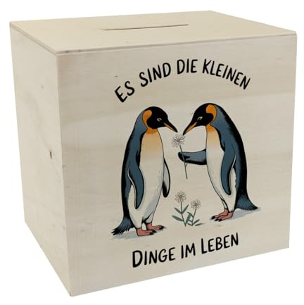 Pinguine Blumen - Es sind die Kleinen Dinge Spardose aus Holz für Pinguinliebhaber - lustiges Sparschwein für Kinderzimmer