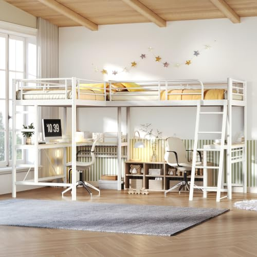 NovaFurnish 90X200cm Hochbett, Zwei Etagenbetten, Tisch unter dem Bett, Doppeltreppe, hohes Geländer (Weiß)