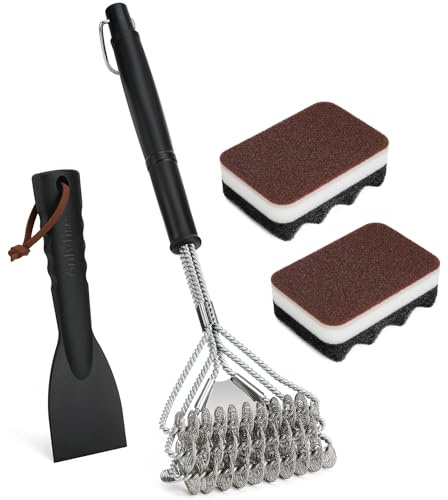 Onlyfire Professionellt 4-delat grillrengöringsset för gasgrill | Inklusive rengöringsspatel, grillborste, 2 rengöringssvamp för grill