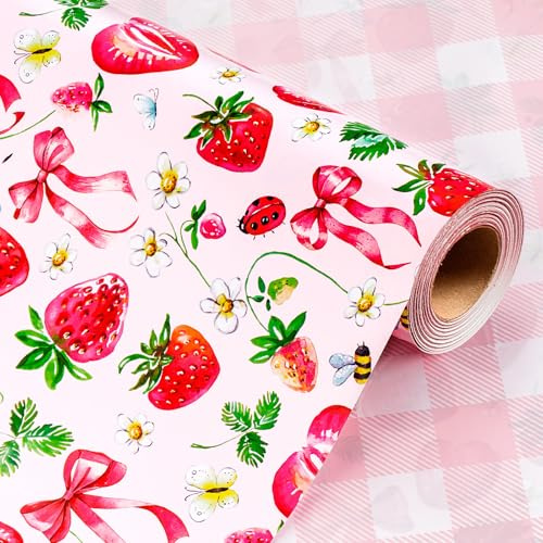 Wikadlik Geschenkpapierrolle mit Erdbeerschleife, niedliches rosa kariertes Design, Geschenkpapier für Mädchen, Geburtstag, Valentinstag, Muttertag, Hochzeit, Abschlussfeier, Weihnachten, 43 cm x 10 m