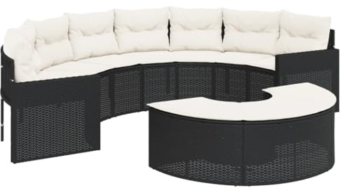 Makastle 2er Set Garten-Sofagarnitur mit Fußbank, Halbrunder Polyrattan-Stuhl mit Armlehne und Stahlrahmen für Terrasse Balkon, Schwarz 287 x 70 cm