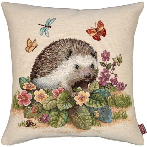 Hossner Kissenbezug Gobelin 45x45 Kissen Herbstlich Kissenhülle Igel Blumen Schmetterling Beige Sommer Herbst Beidseitig Stoff Waschbar