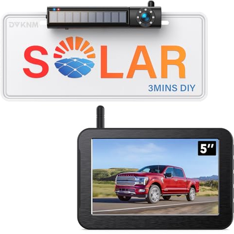 DVKNM Solar Wireless Backup Camera, 1080P 5 IPS Monitor & Auto On Off Back Up Camera, 2 Mins Easy Setup Battery Powered Night Vision Waterproof, Reverse Camera for Car SUV Truck Van Trailer