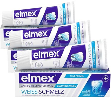 elmex® Weiss-Schmelz Zahnpasta 3x75ml, entfernt hartnäckige oberflächliche Verfärbungen, Nicht-abrasive Technologie, Sanft zum Zahnschmelz, Klinisch bestätigt, reinigende und klärende Wirkstoffe