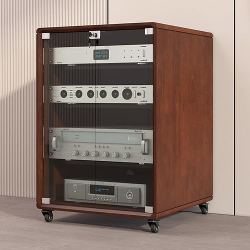 LIHDNGXM Stereo Rack AV Media Stand with Tempered Glass Shelves Stereo cabinet,audio rack cabinet with Wheels for Amplifier, KTV, AV Receiver Rack(3 tier)