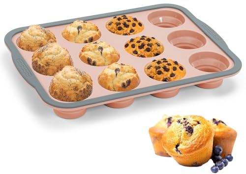 Yikki Muffin Backform für 12 Muffins Standardgröße, Muffinform Silikon mit Metallrahmen, Antihaftbeschichtet Muffinblech, Silikon Muffinförmchen für Cupcakes, Brownies, Puddings, BPA-Frei (Rosa)