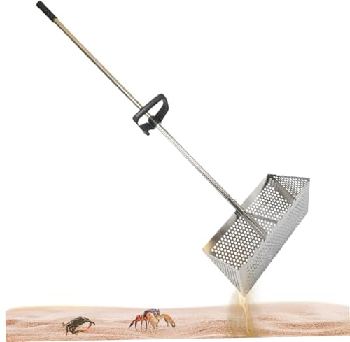 Rastrillo para pulgas de arena, tamiz de arena de playa de acero inoxidable con cesta ancha de dientes de tiburón de 15, 8 pulgadas, rastrillo de mango largo desmontable para playa, pulgas para