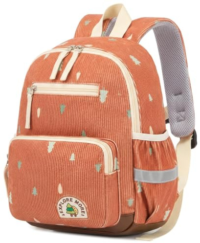 PROTAURI Kindergartenrucksack Mädchen Jungen 4-7 Jahre 9.2L, Braun Wald | mit Brustgurt reflektierend leicht atmungsaktiv ergonomisch DIN A4 abwischbarer Boden Vintage Kordsamt
