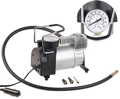 Lescars Mini-Luft-Kompressor mit Manometer, 12 V, 100 psi, 168 Watt, 3 Adapter