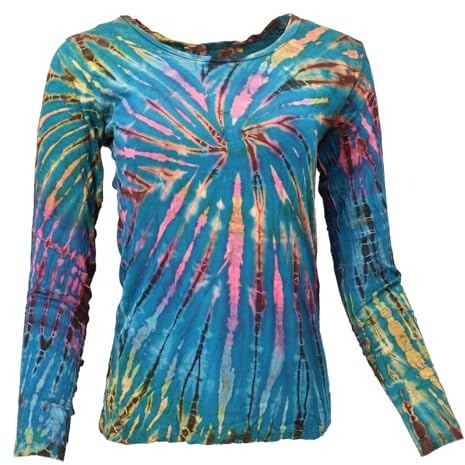 Unikat Batik Shirt, Boho Langarmshirt, elastisch, figurbetont, hellblau | 95 % Viskose, 5 % Elastan, Slim Fit, einzigartiges Batik-Muster, handwaschbar, ideal für Freizeit und besondere Anlässe