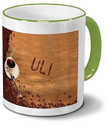 Tasse mit Namen Uli - Motiv Kaffeebohnen - Namenstasse, Kaffeebecher, Mug, Becher, Kaffeetasse - Farbe Grün