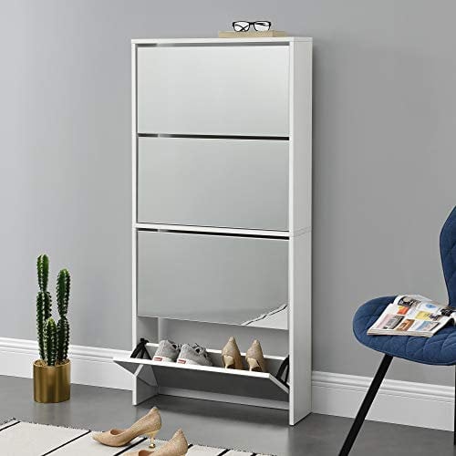[en.casa] Schuhkipper Vogar Schuhschrank mit 4 Klappen verspiegelt Schuhkommode für 12 Paar Schuhe 134 x 63 x 17 cm Schuhaufbewahrung Weiß