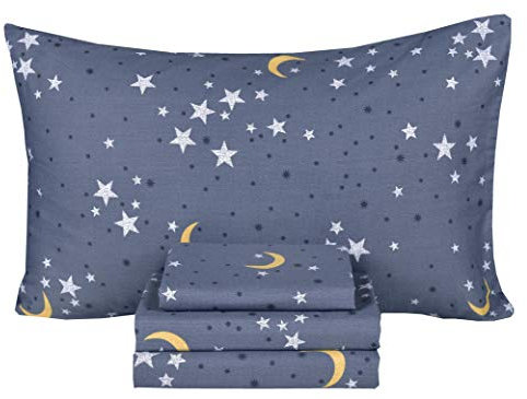 Moon & Star Nachthimmel Teenager Kinder Jungen Mädchen 100% Baumwolle Vollbettlaken-Set, Bettlaken & Spannbetttuch & Kissenbezug Bettwäsche-Set (Sterne, 4-teilig, voll)