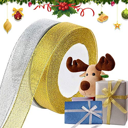 2 Rollen Weihnachten Geschenkband Satinband, Weihnachtsbänder Schleifenband Ripsband zum Geschenk Verpackung, Breit Gold Silber Dekoband Organzaband für Hochzeit Weihnachten Basteln Deko (2cm, 50Yard)