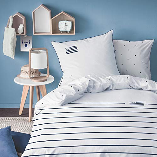 MATT & ROSE Parure de Lit 140x200 cm Gwenn Ha du | 100% Coton | Oeko-TEX | Housse de Couette 140x200 cm + 1 Taie d'oreiller 63x63 cm Imprimées Réversibles | Blanc