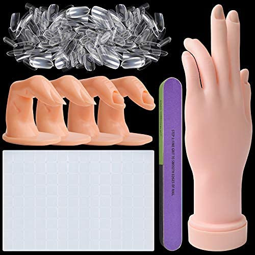 Kalolary Nail Hand Praxis für Acrylnägel, Maniküre Praxis Hand & Finger Biegbare Maniküre Hand mit 500 Stück Falsche Nagelspitzen, Nagel Tacky Putty & Nagelfeilen für Nail Art Training Tools (Klar)