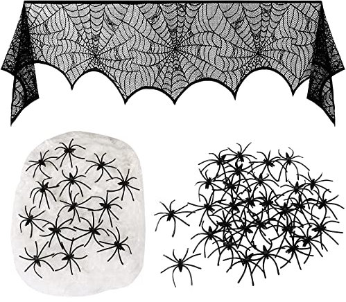 TRIXES Halloween-Spitzendekoration – Spinnennetz-Spitzentuch – 30 Spinnen – 1 Spinnennetz – Partydekoration – Tischdekoration – Spukhaus-Horror-Ornamente